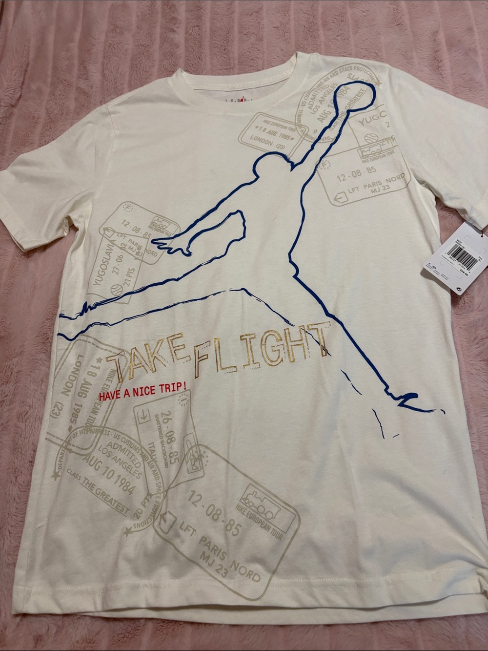 Jordan White Short-Sleeve Tee with Blue Jumpman and Gold Text